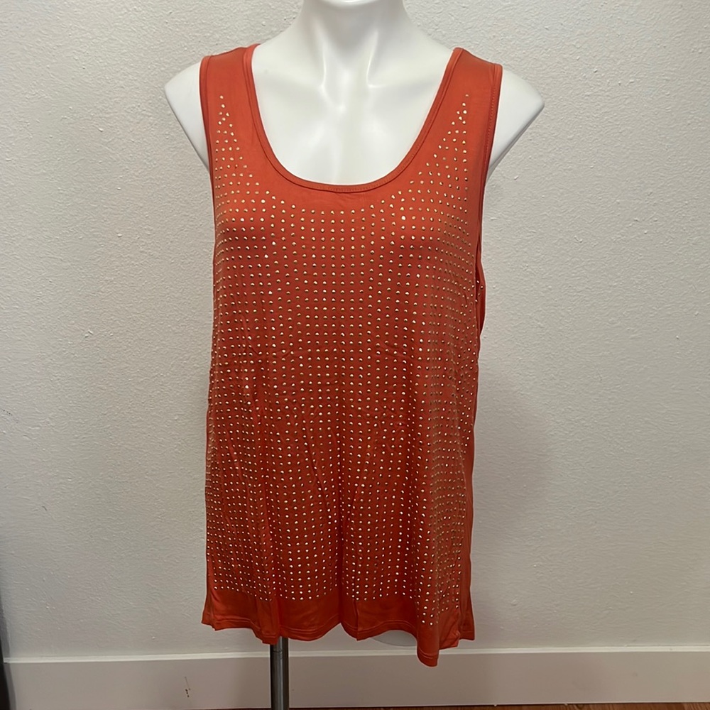 Yuni Los Angeles Orange Rhinestone High Low Sleevless Shirt Sz L